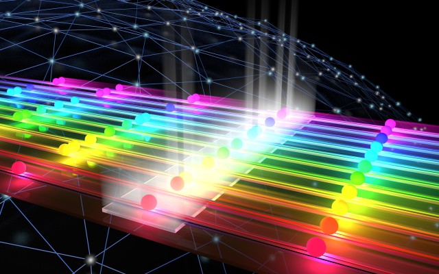 The graphic visualises quantum mechanical interference, also called the Hong-Ou-Mandel effect.