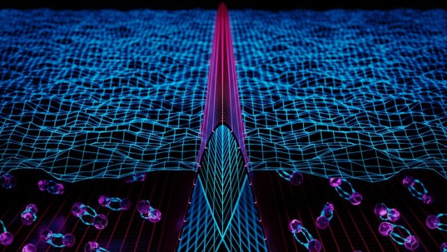 The illustration shows two superfluids separated by a barrier. Their wave nature allows the superfluid particles to oscillate back and forth between the two sides.